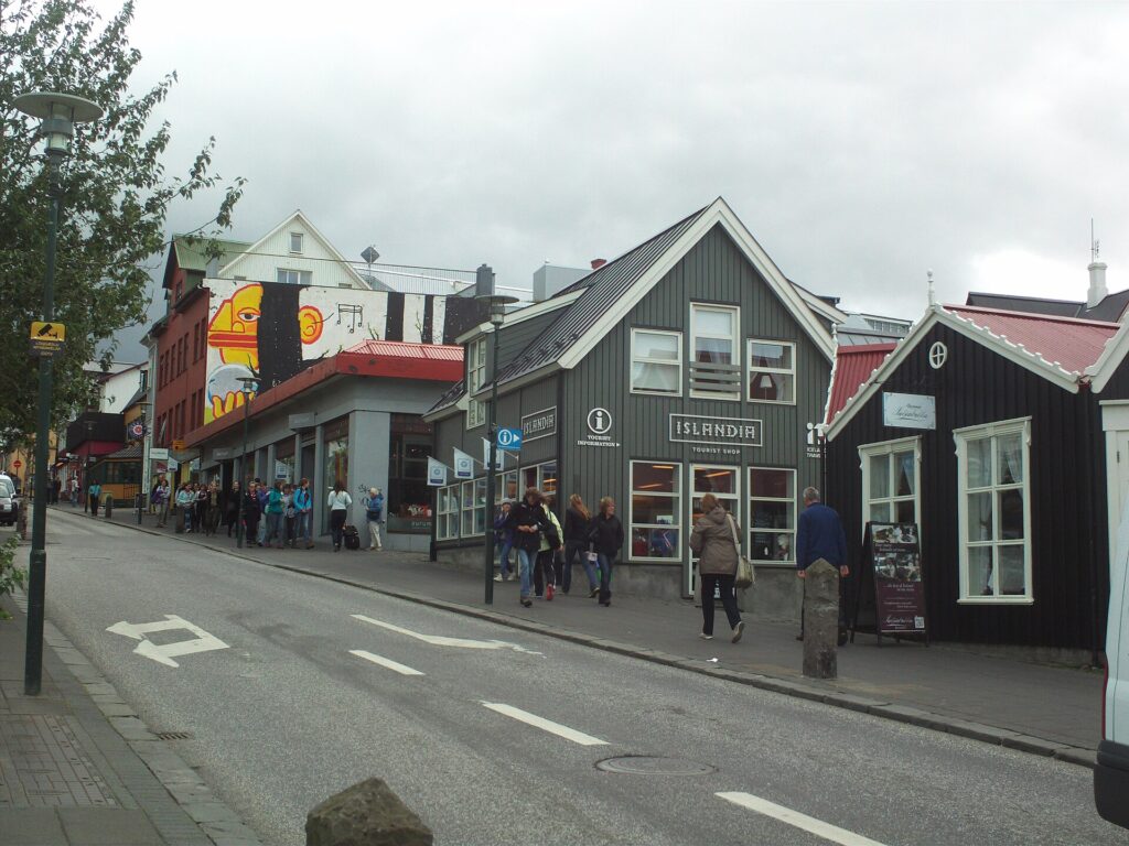 Bankastraeti and Laugavegur shopping area in central Reykjavik near the Red Cross shop
