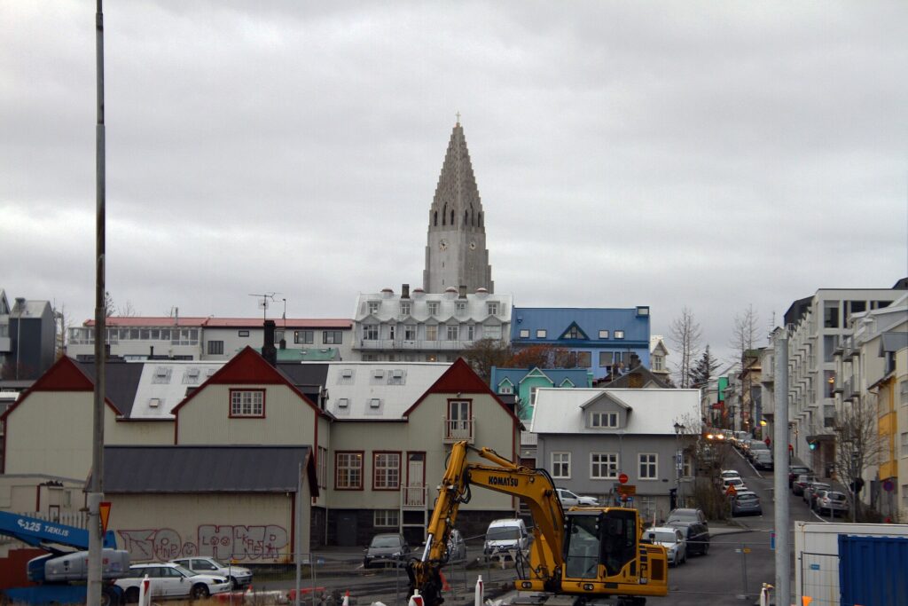 Hallgrimskirkja church tower rising over central Reykjavik
