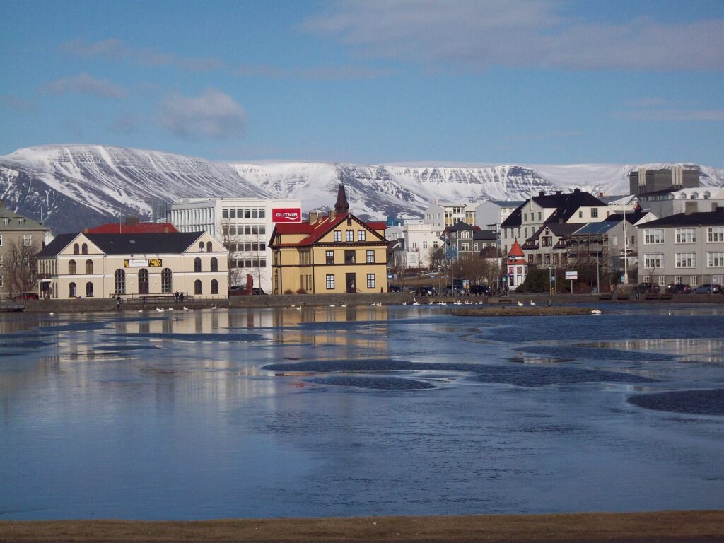 Downtown Reykjavik with Mount Esja behind, near the Salvation Army thrift shop