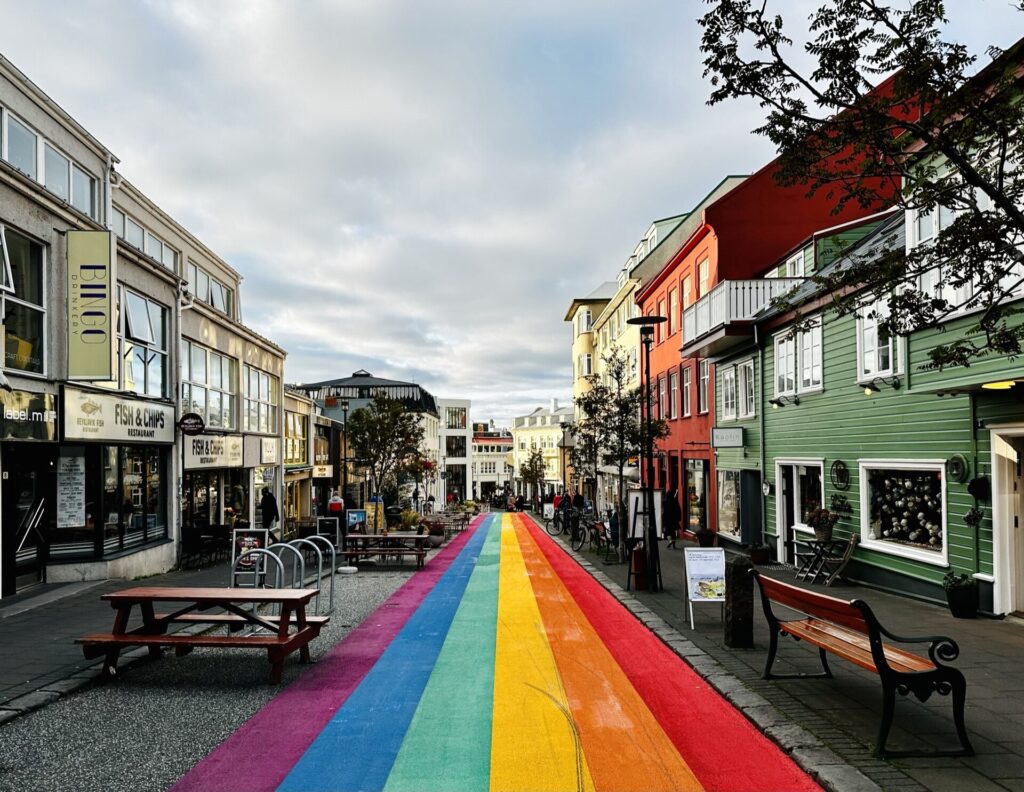 Rainbow painted Skolavordustigur street below Hallgrimskirkja in Reykjavik