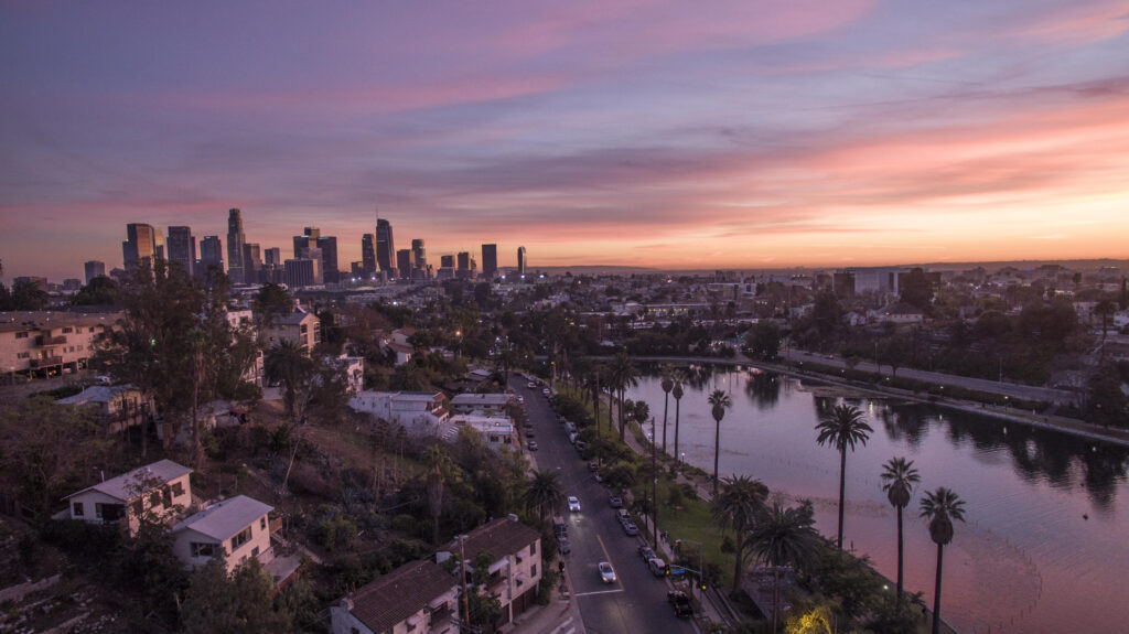 Echo Park Lake with downtown skyline in Los Angeles California