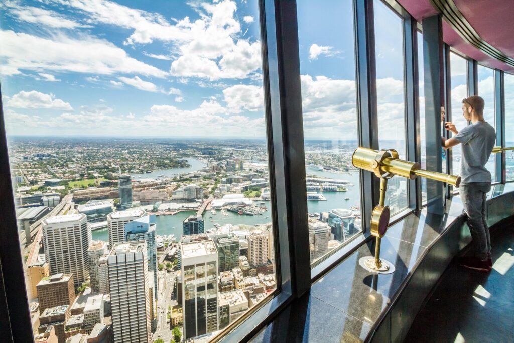 Sydney Tower Eye rising above the city skyline in Sydney