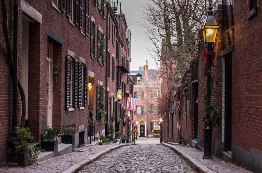 Acorn Street cobblestone lane on Beacon Hill in Boston Massachusetts