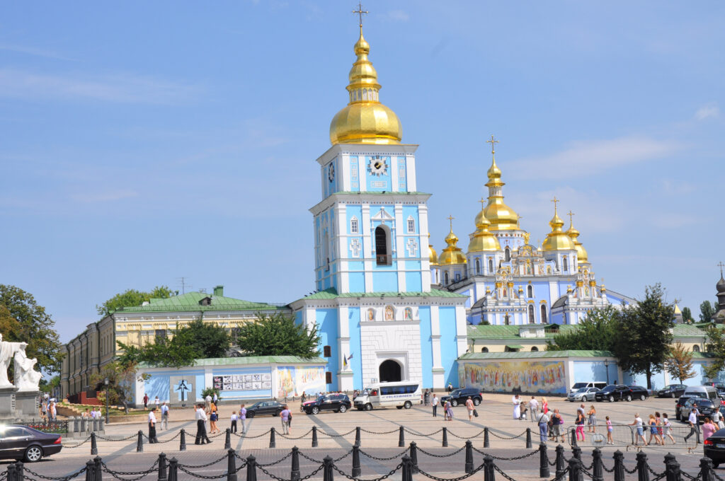 Saint Michaels Golden-Domed Monastery blue walls in Kyiv