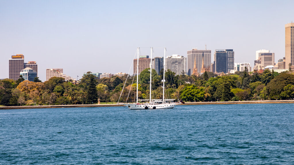 Lawns and harbour at Farm Cove in the Royal Botanic Garden in Sydney