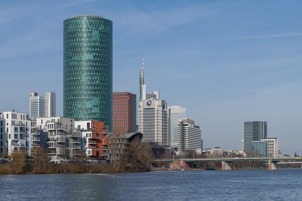 The Westhafen tower and Bahnhofsviertel skyline in Frankfurt