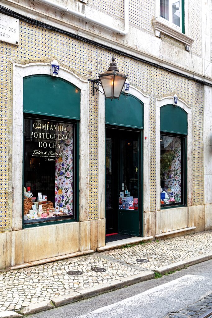 Companhia Portugueza do Cha tea shop storefront on Rua Poco dos Negros in Lisbon
