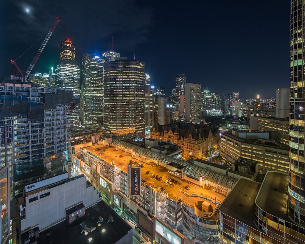 Downtown Toronto lit up at night