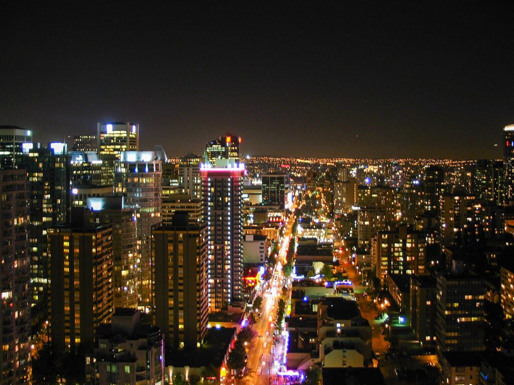 Downtown Vancouver streets lit up at night