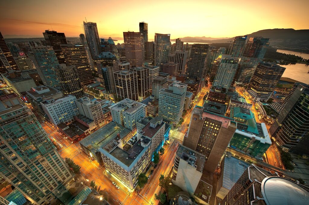 The downtown Vancouver skyline at dusk