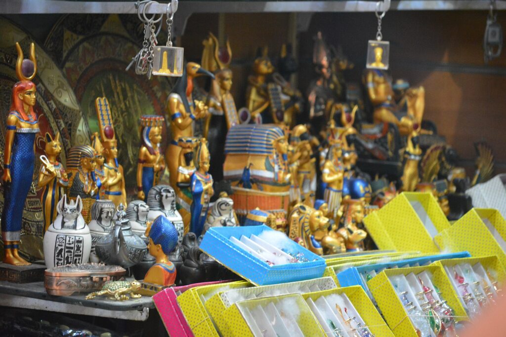 Shelves of Egyptian crafts and antiques in a Cairo shop