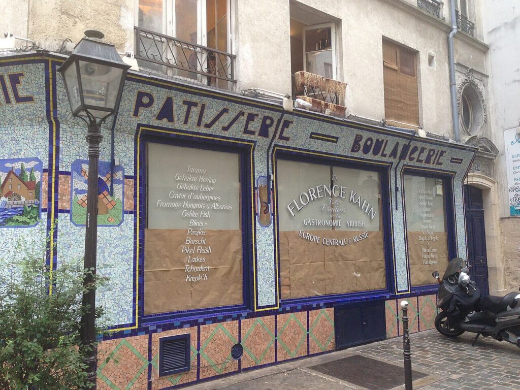 Mosaic-tiled Florence Kahn bakery storefront on Rue des Écouffes in Le Marais, Paris