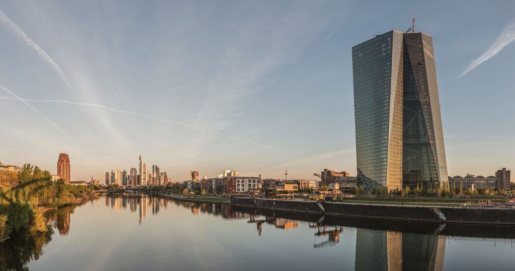 The European Central Bank and Frankfurt skyline at dawn