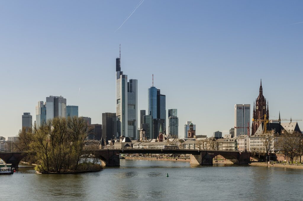 The Frankfurt high-rise skyline above the river Main