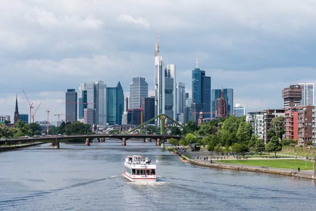 The Frankfurt skyline reflected in the river Main