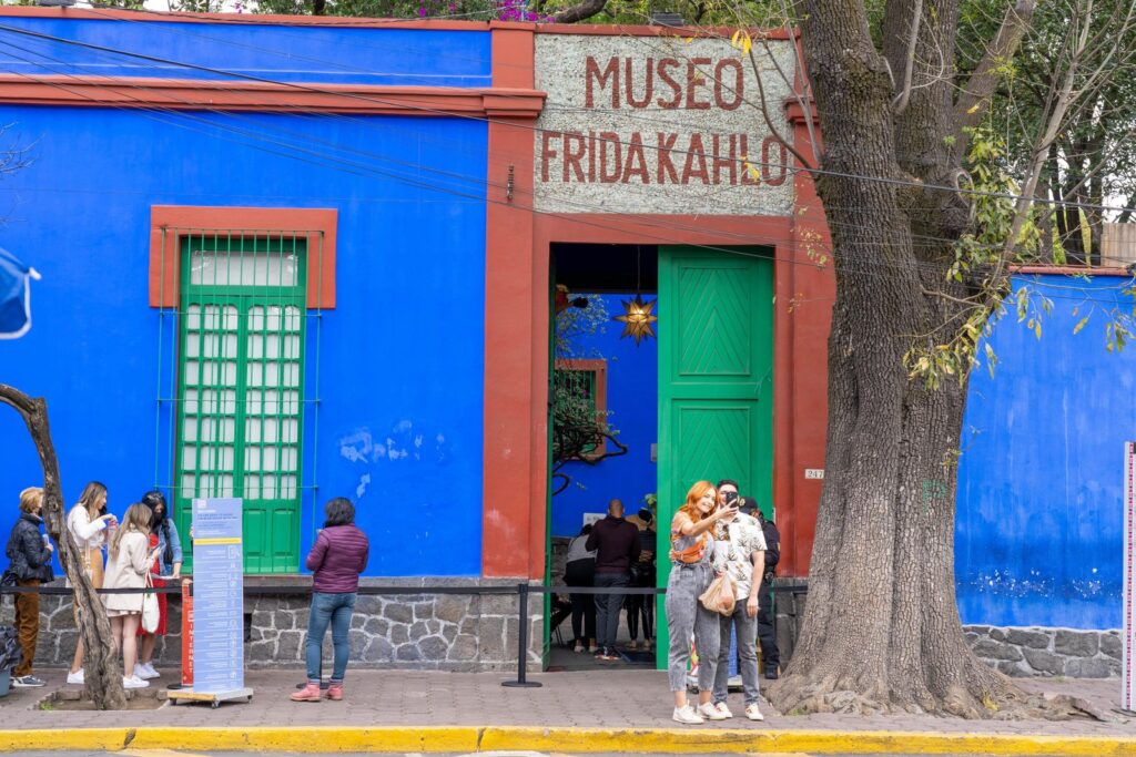 Cobalt-blue walls of the Frida Kahlo Casa Azul in Coyoacan Mexico City