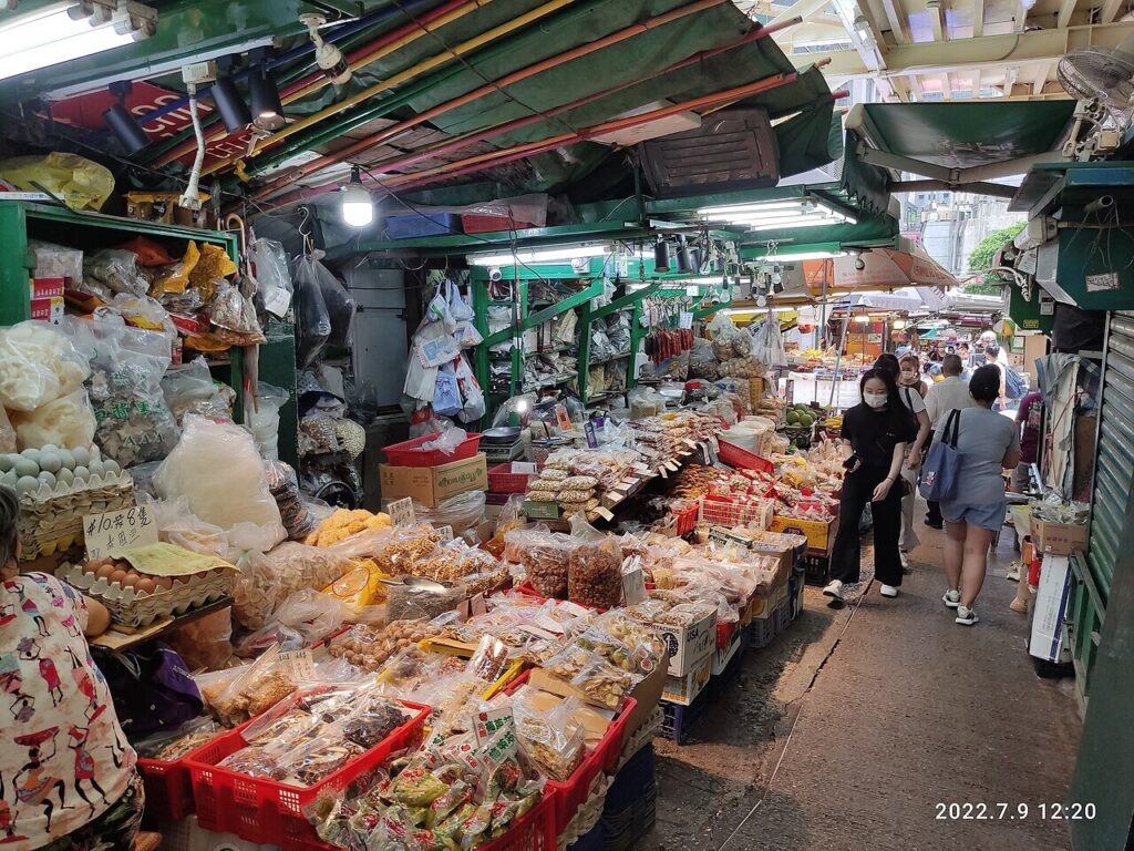 Colourful produce stalls at Graham Street market in Central, Hong Kong