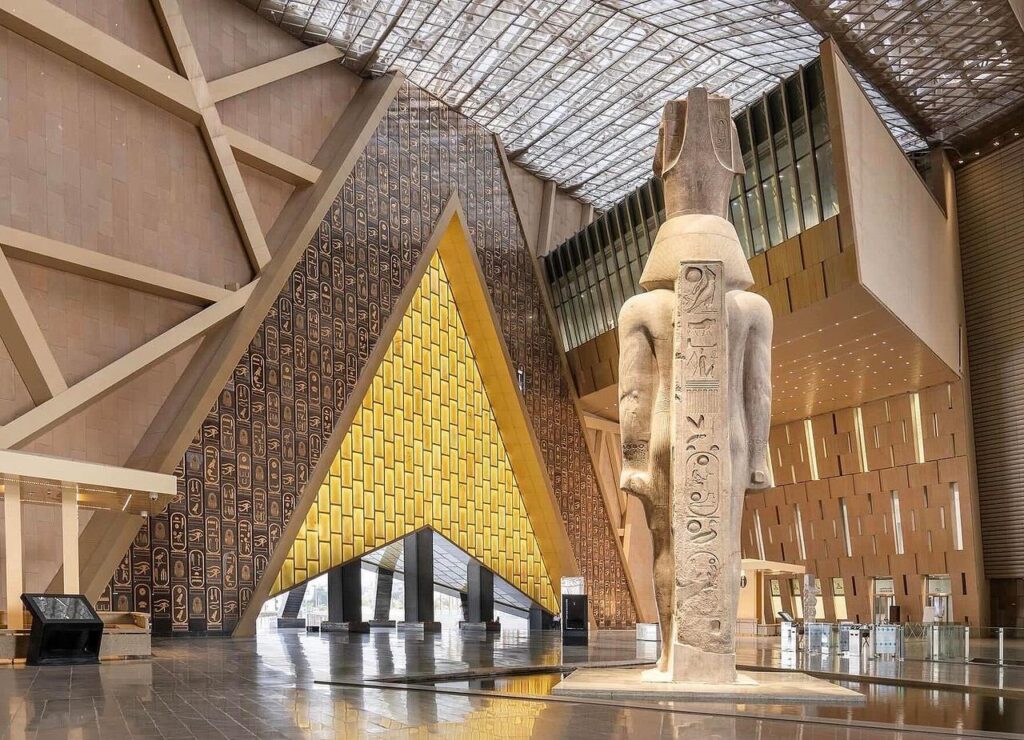 The Grand Egyptian Museum galleries near the Giza pyramids