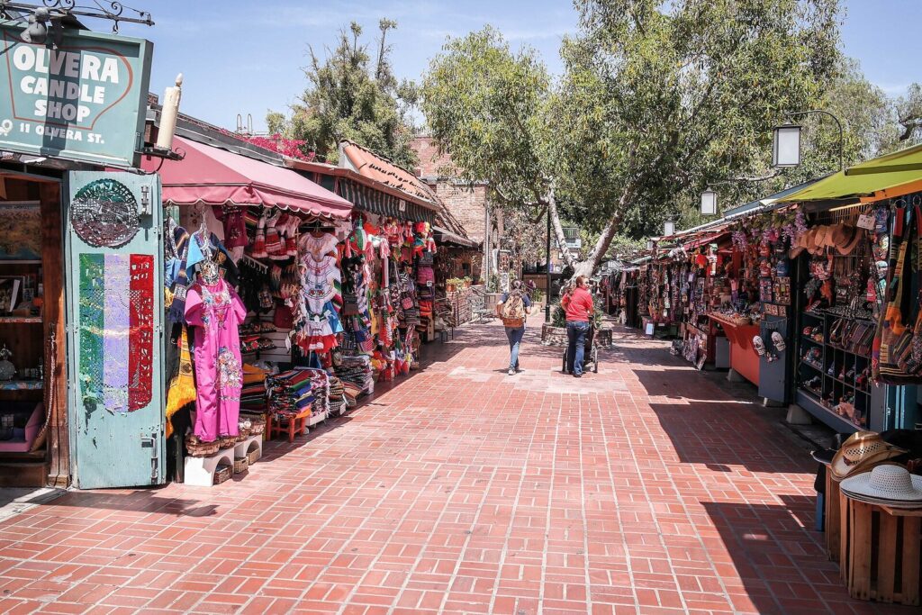 Bright colorful market stalls along historic Olvera Street in Los Angeles