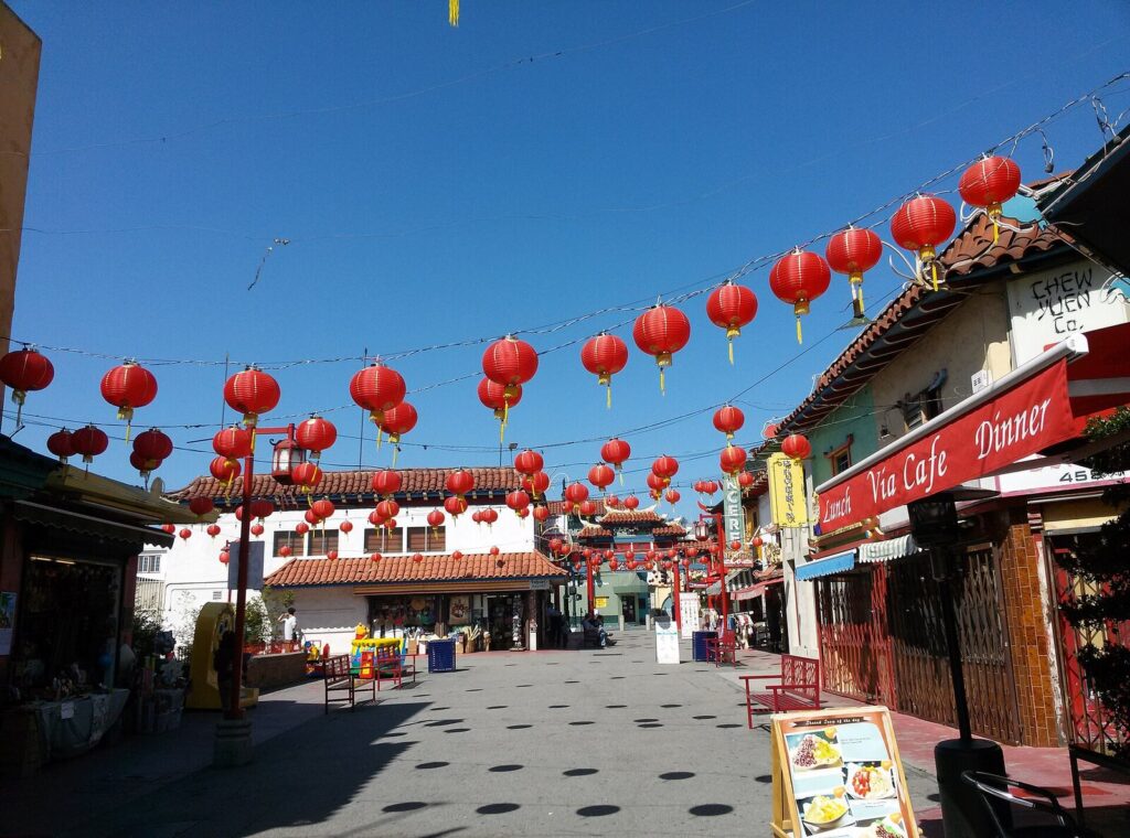 Colorful red lanterns strung over Chinatown Central Plaza in Los Angeles