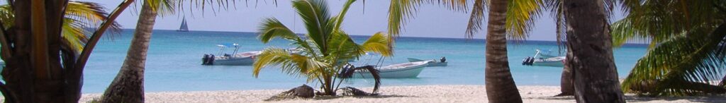 Dominican Republic banner Beach with palms and boats