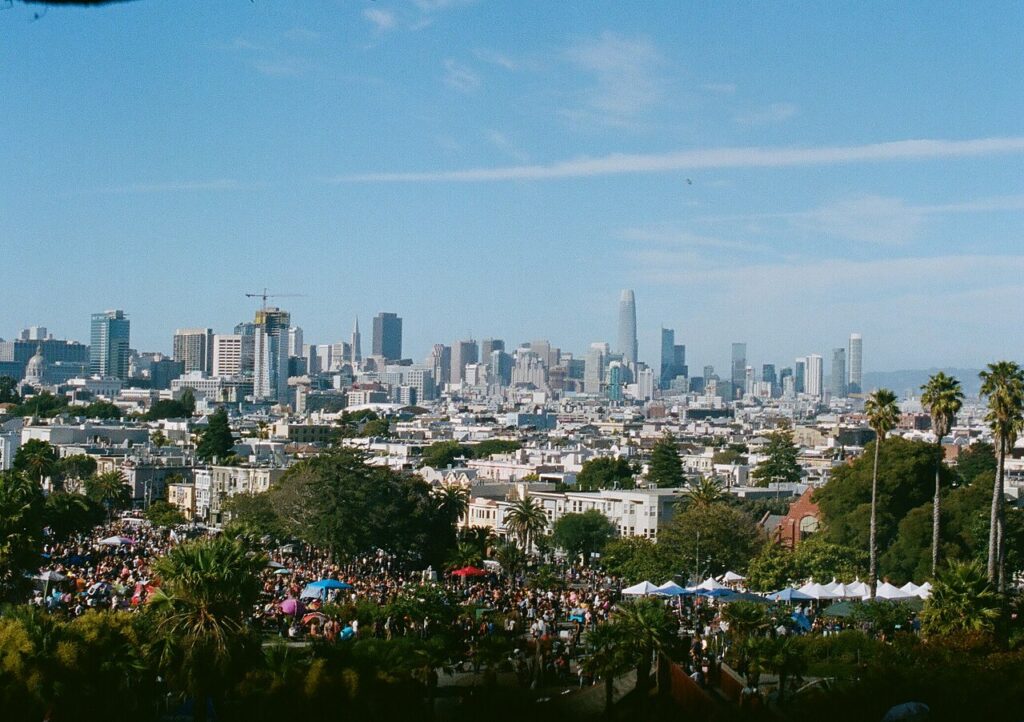 City skyline view from Mission Dolores Park, San Francisco