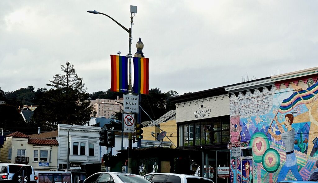 Rainbow flags lining a street in the Castro, San Francisco