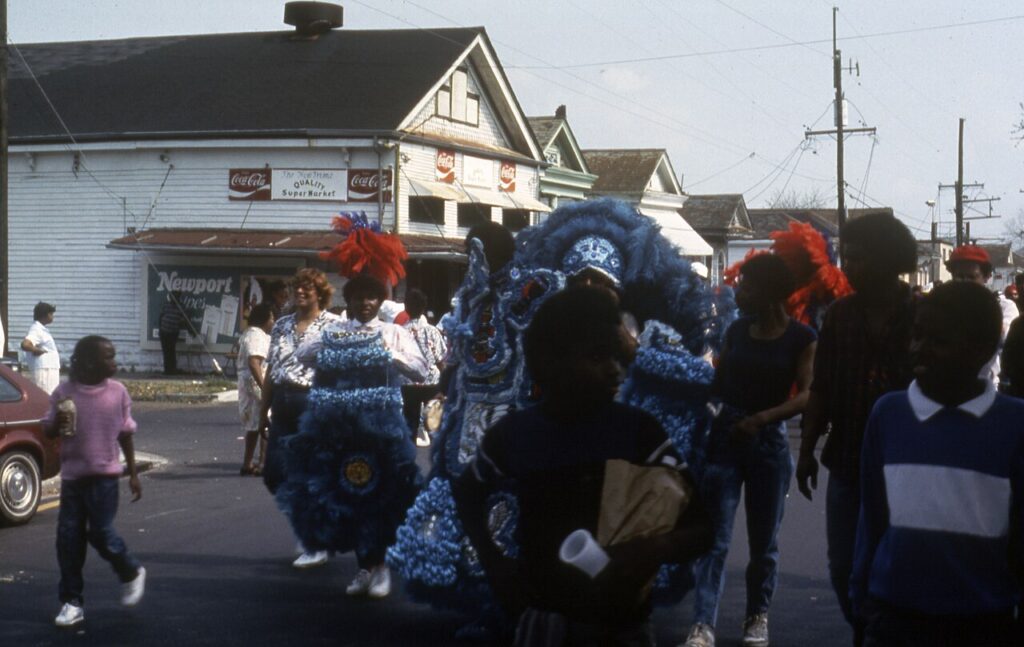 Mardi Gras Indians in feathered suits in the Treme neighborhood