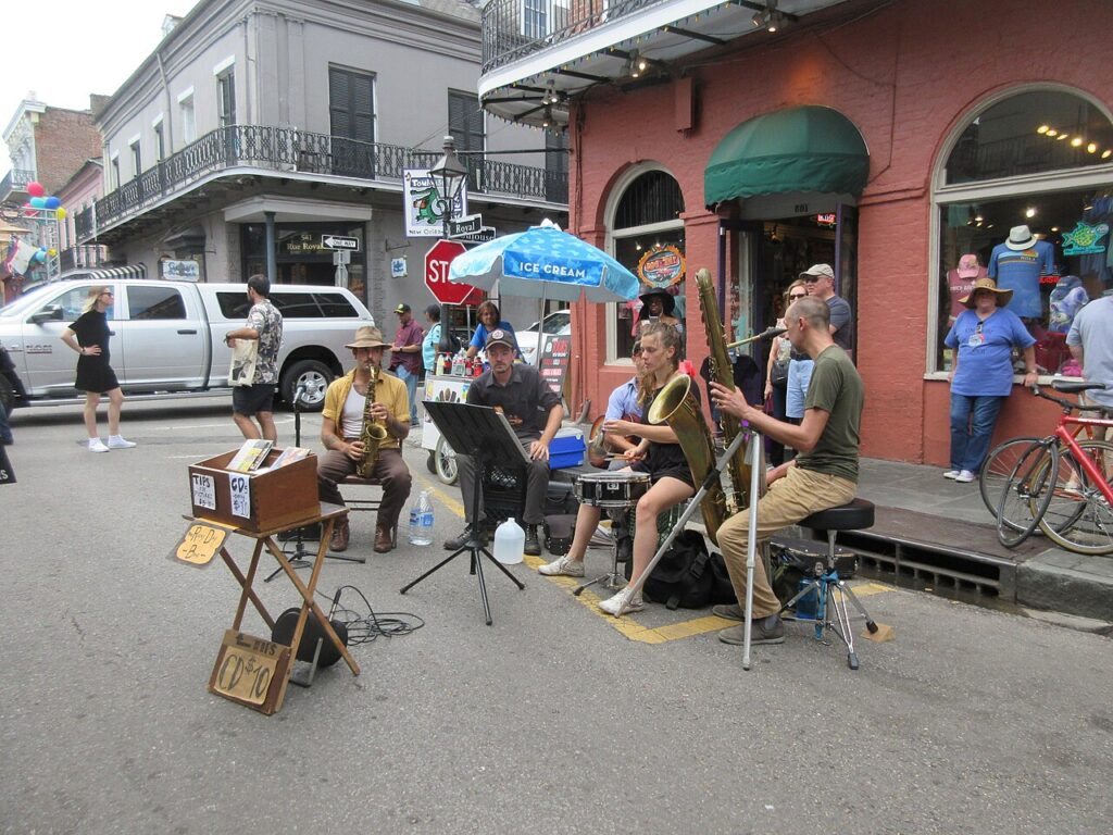 A brass band performing on Royal Street in the French Quarter, New Orleans