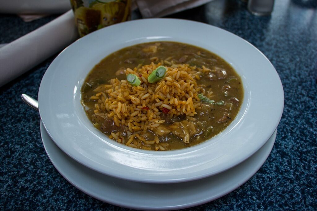A bowl of New Orleans gumbo with rice