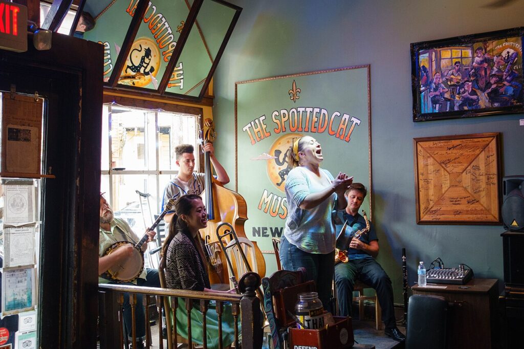 A jazz band performing at The Spotted Cat Music Club on Frenchmen Street