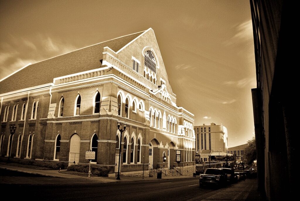 Exterior of the historic Ryman Auditorium in downtown Nashville