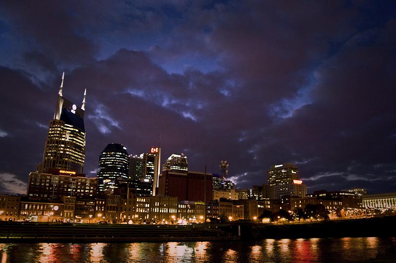 The downtown Nashville skyline lit up at night