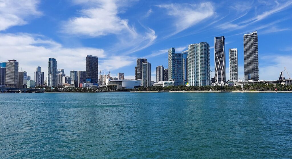 The downtown Miami skyline on Biscayne Bay by Bayfront Park