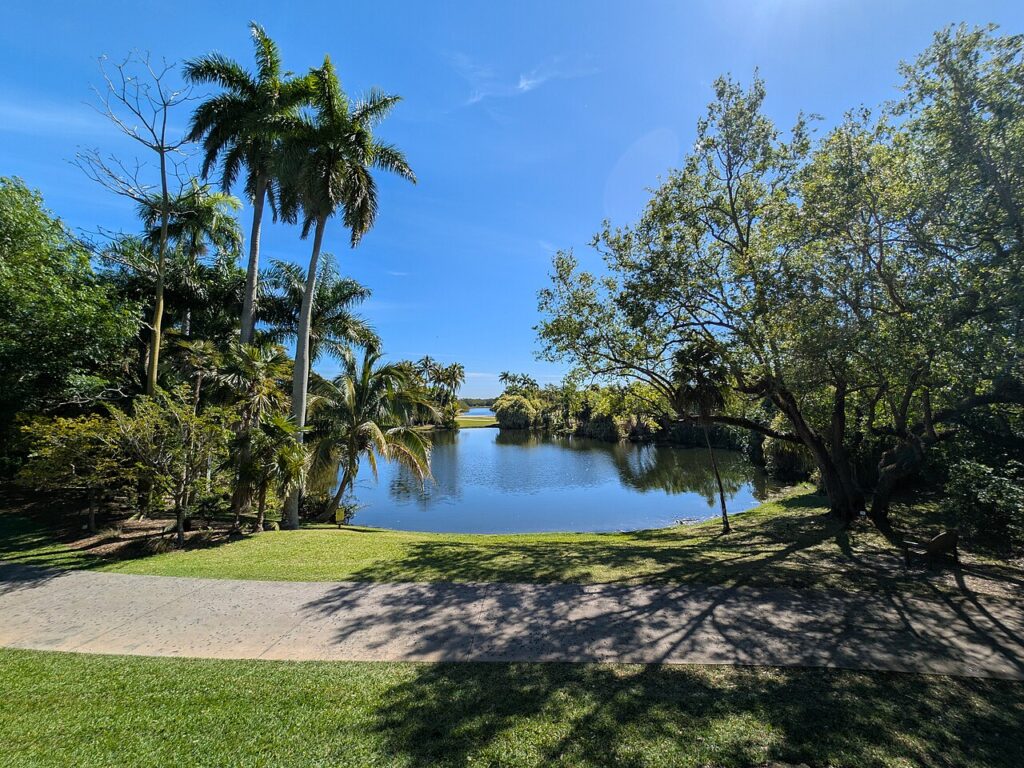 Palms and lake at Fairchild Tropical Botanic Garden in Coral Gables
