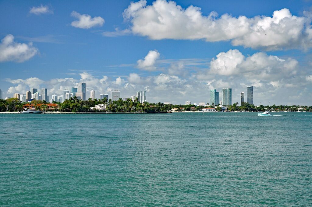 Miami skyline and waterfront seen from Biscayne Bay