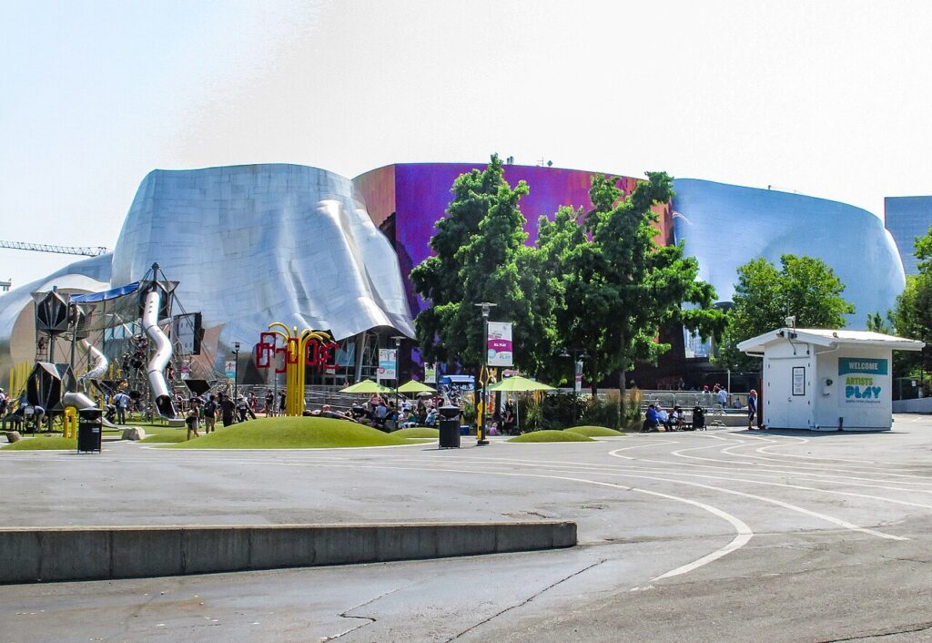 Colorful curving exterior of the Museum of Pop Culture at Seattle Center