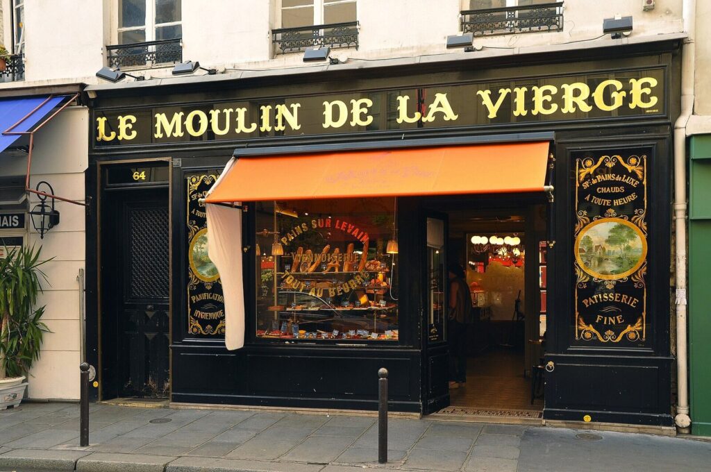 Le Moulin de la Vierge historic bakery storefront in Paris