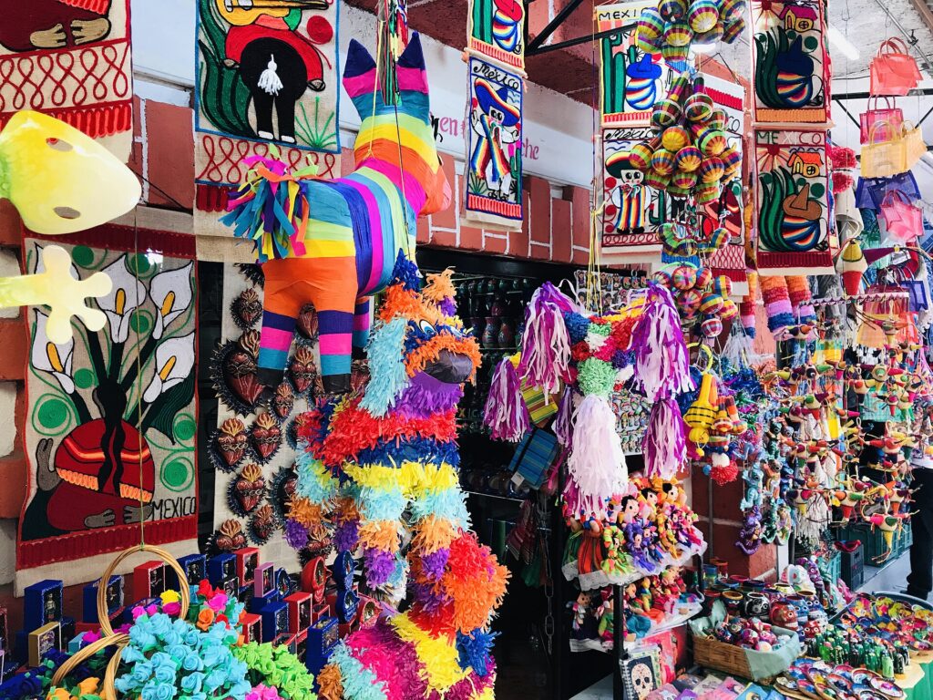 Colourful pinatas and handicrafts at a Mexico City market