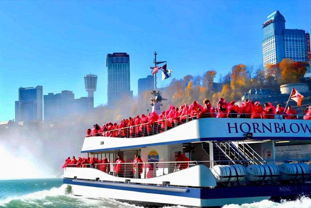 Niagara Falls with a tour boat below the cascade
