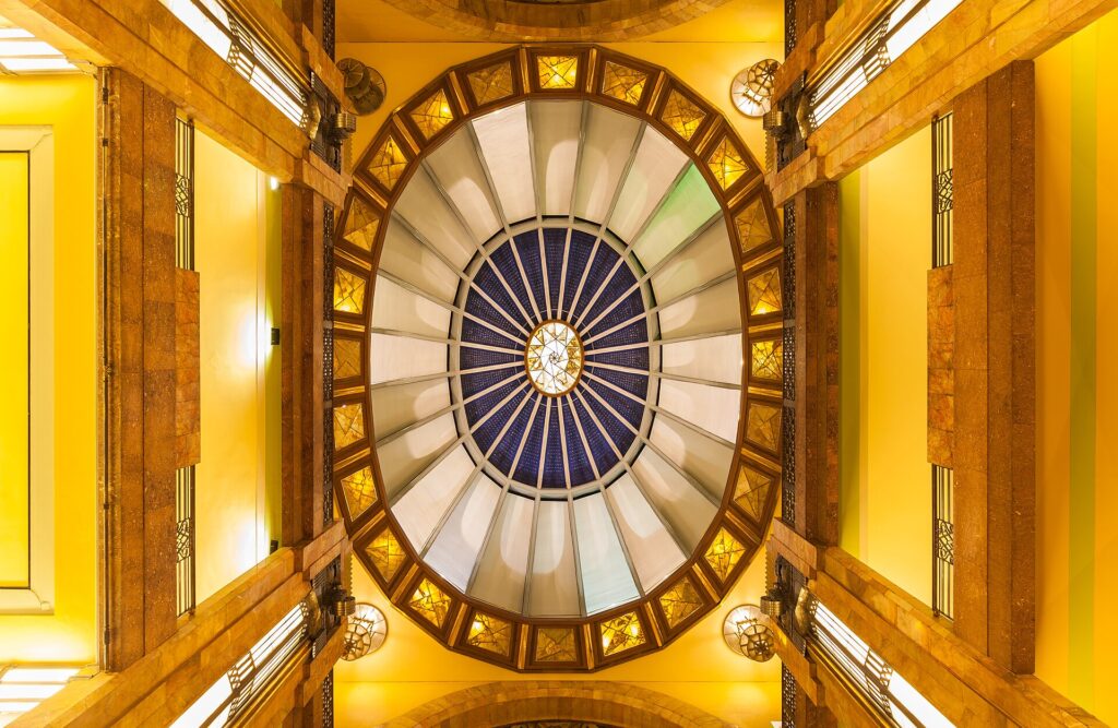Ornate golden dome of the Palacio de Bellas Artes in Mexico City
