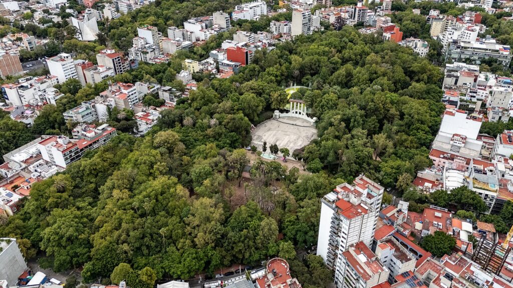 Aerial view of green Parque Mexico in the Condesa district of Mexico City