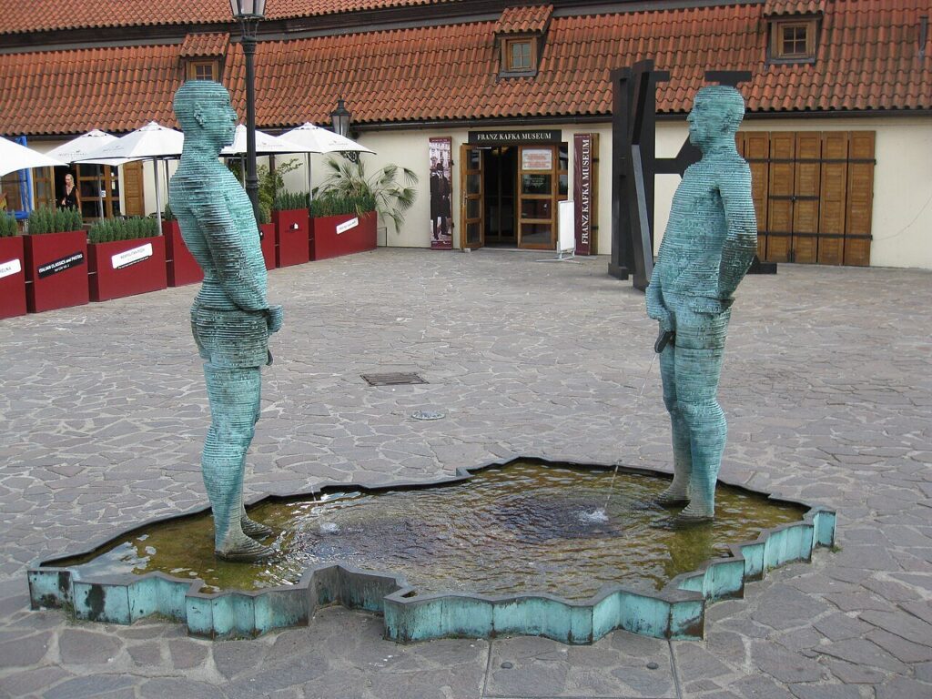 David Cerny Peeing Statues sculpture at the Franz Kafka Museum in Prague