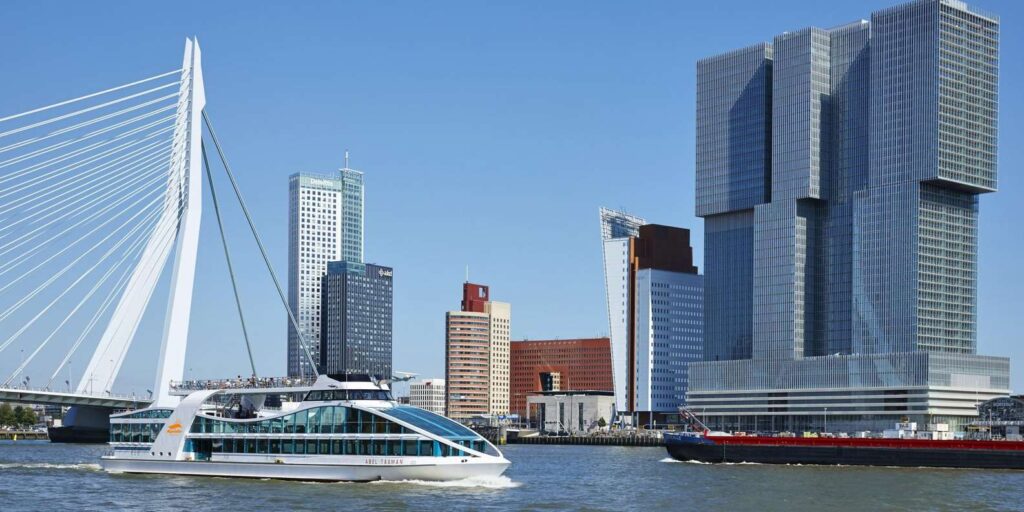Rotterdam skyline and Erasmus Bridge from a harbour cruise