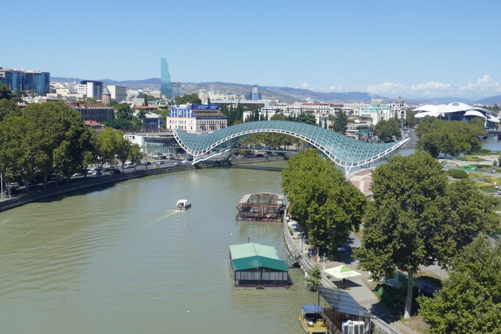 The glass Bridge of Peace over the Kura River in Tbilisi Georgia