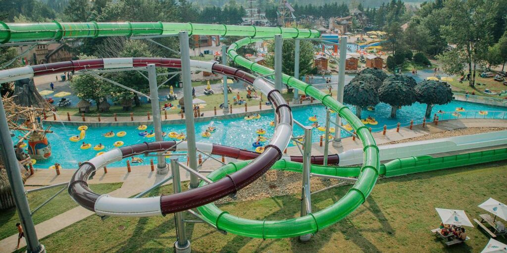 Water slides and lazy river at Valcartier outdoor waterpark near Quebec City