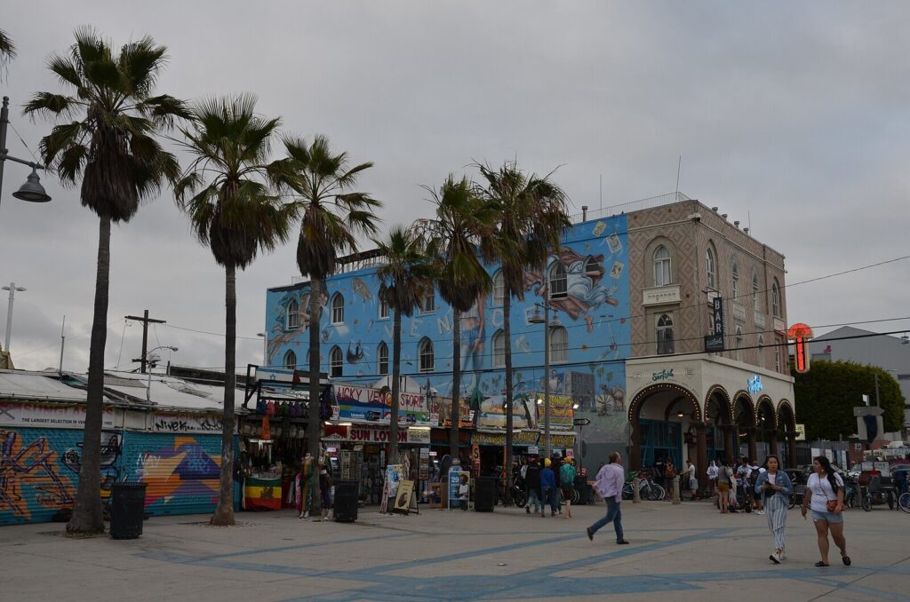 Palm-lined Venice Beach Boardwalk with colorful buildings in Los Angeles