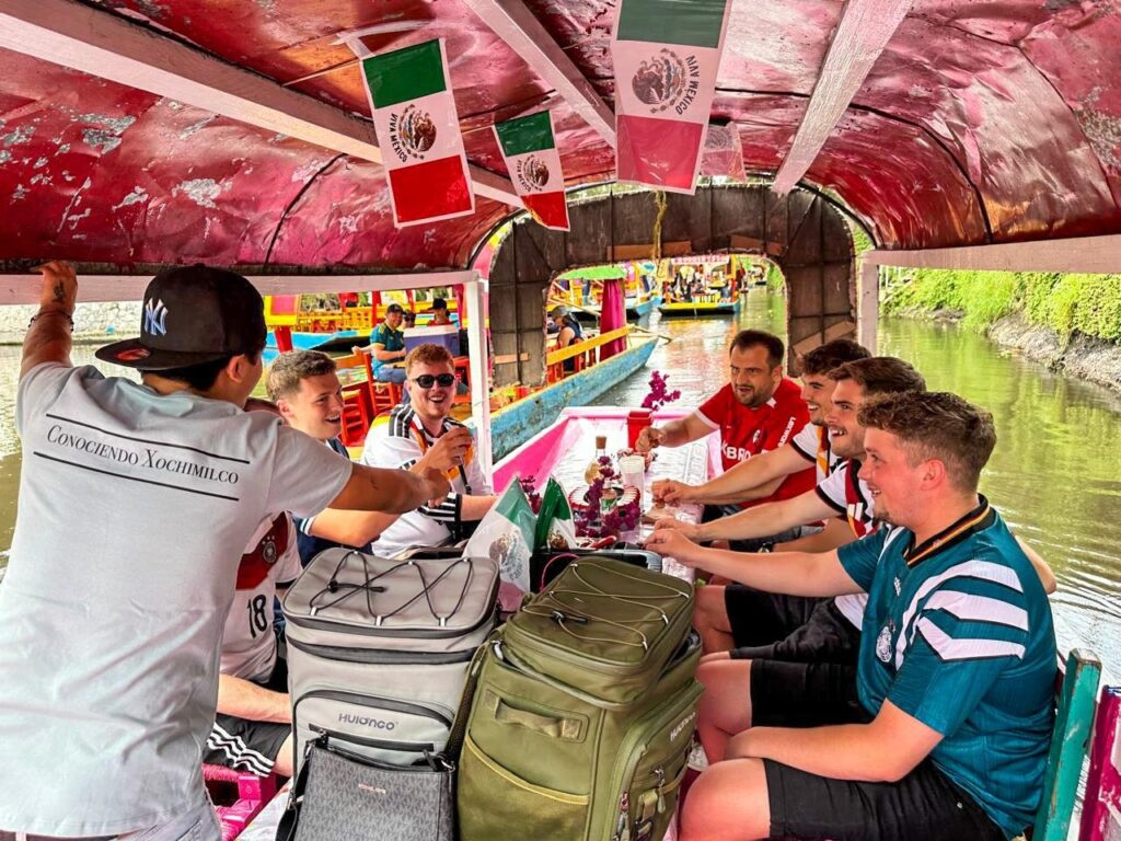 Brightly painted trajinera boats on the canals of Xochimilco in Mexico City